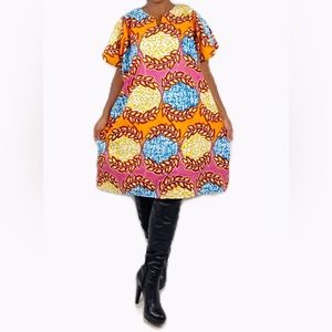 African Print Ankara Tribal Multicolor Cotton Midi Shirt Kaftan Dress